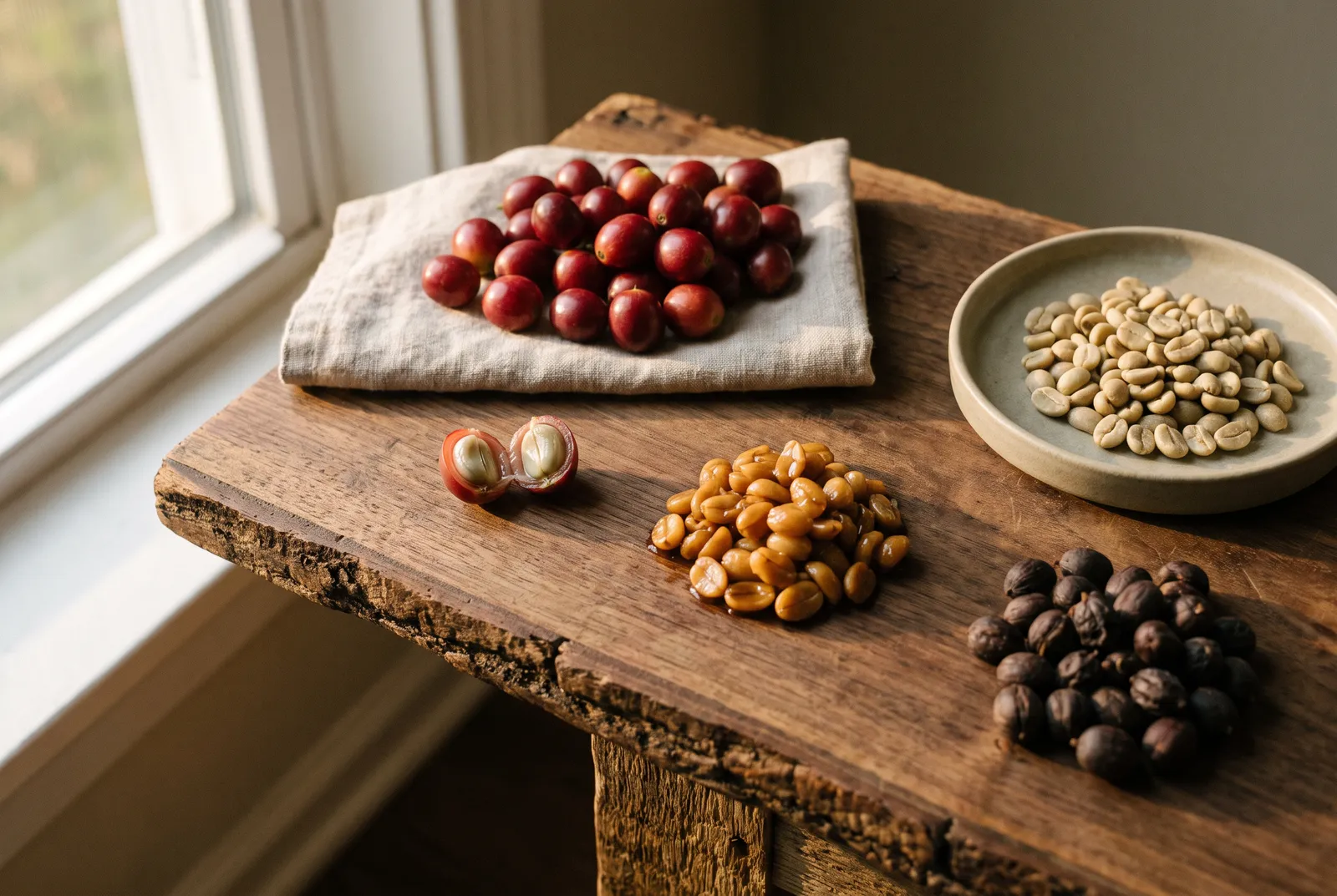 Coffee processing stages on a wooden board: ripe red cherries, a split cherry showing seeds, sticky honey-processed beans, dried natural cherries and washed green beans.