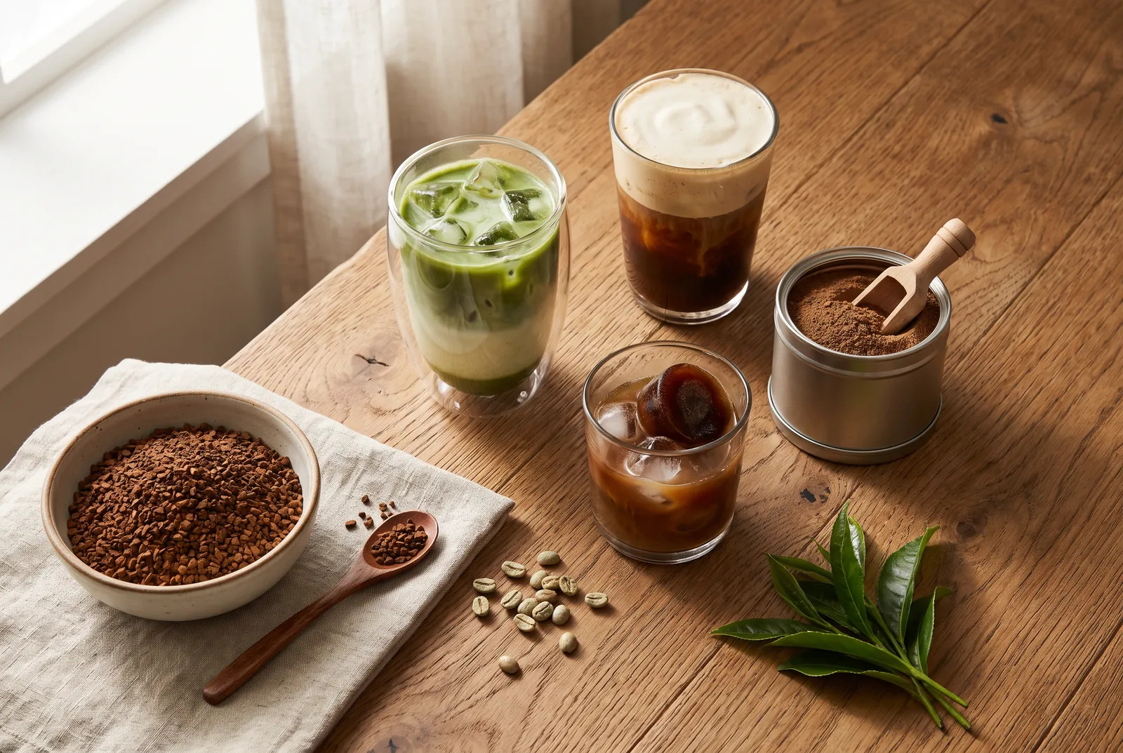 Overhead view of 2026 drinks on an oak table: an iced matcha latte, a cold-foam iced espresso, a frozen coffee puck in ice, instant coffee crystals and mushroom coffee powder.