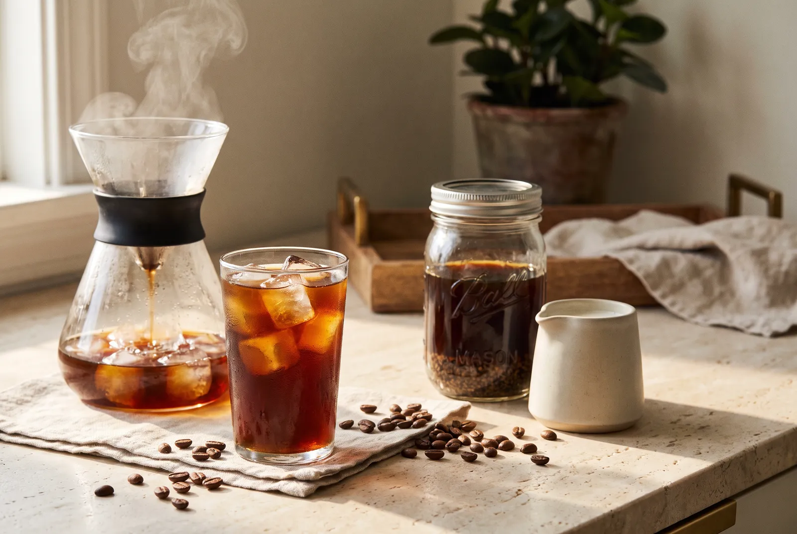 A glass of iced cold brew next to a pour-over carafe brewing onto ice and a jar of cold brew concentrate on a sunlit stone counter.