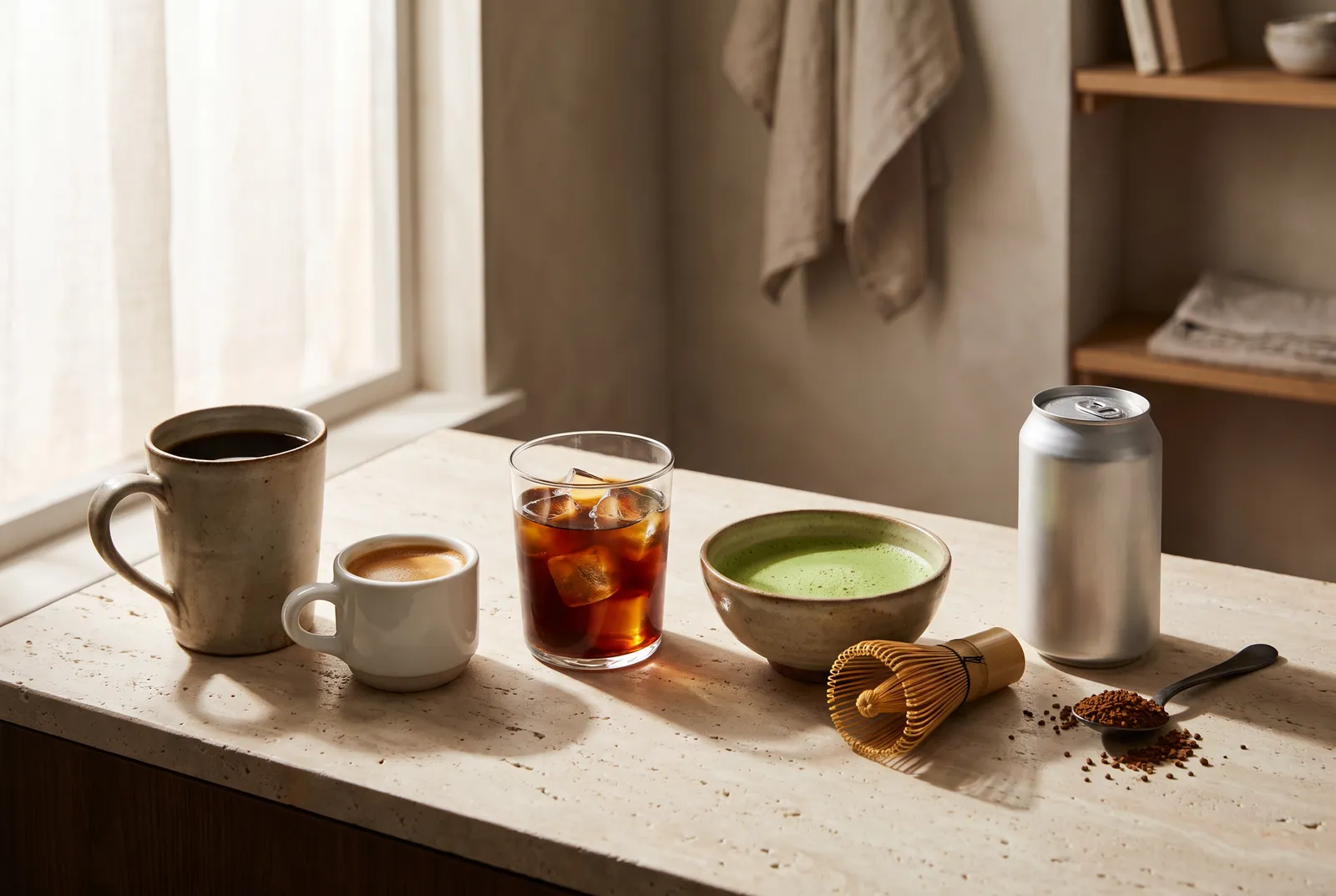 A lineup of drinks on a stone counter: a mug of drip coffee, an espresso cup, iced cold brew, a bowl of whisked matcha, a plain can and a spoonful of instant coffee.