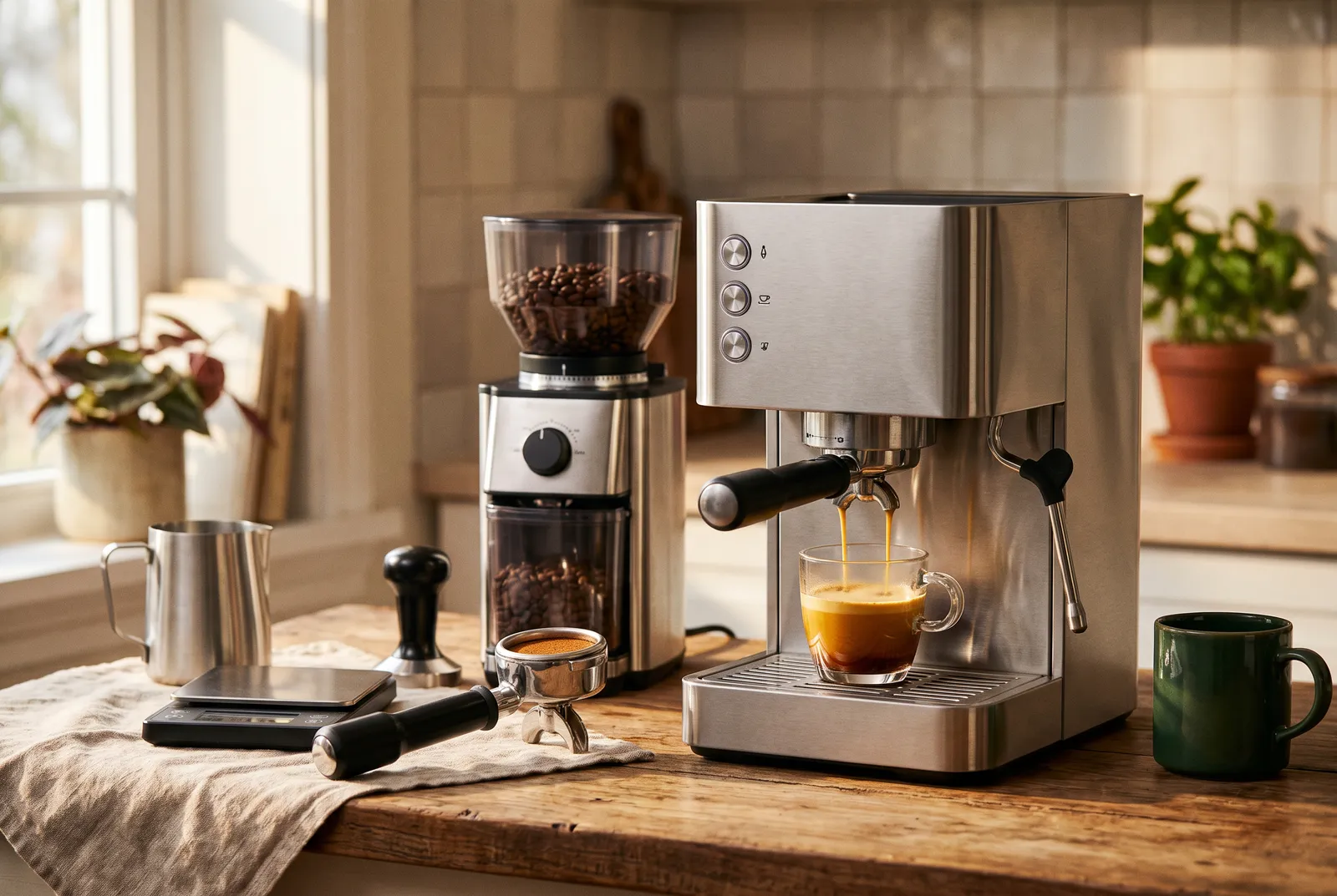 A stainless espresso machine pulling a double shot into a glass cup beside a burr grinder, tamped portafilter, tamper, scale and milk pitcher in warm morning light.