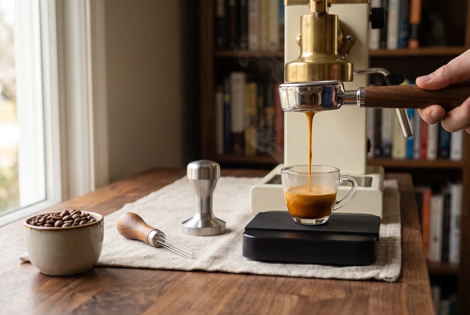 A bottomless portafilter pouring espresso into a small glass cup on a scale, with a WDT tool, a tamper and coffee beans on a wooden counter in warm light.