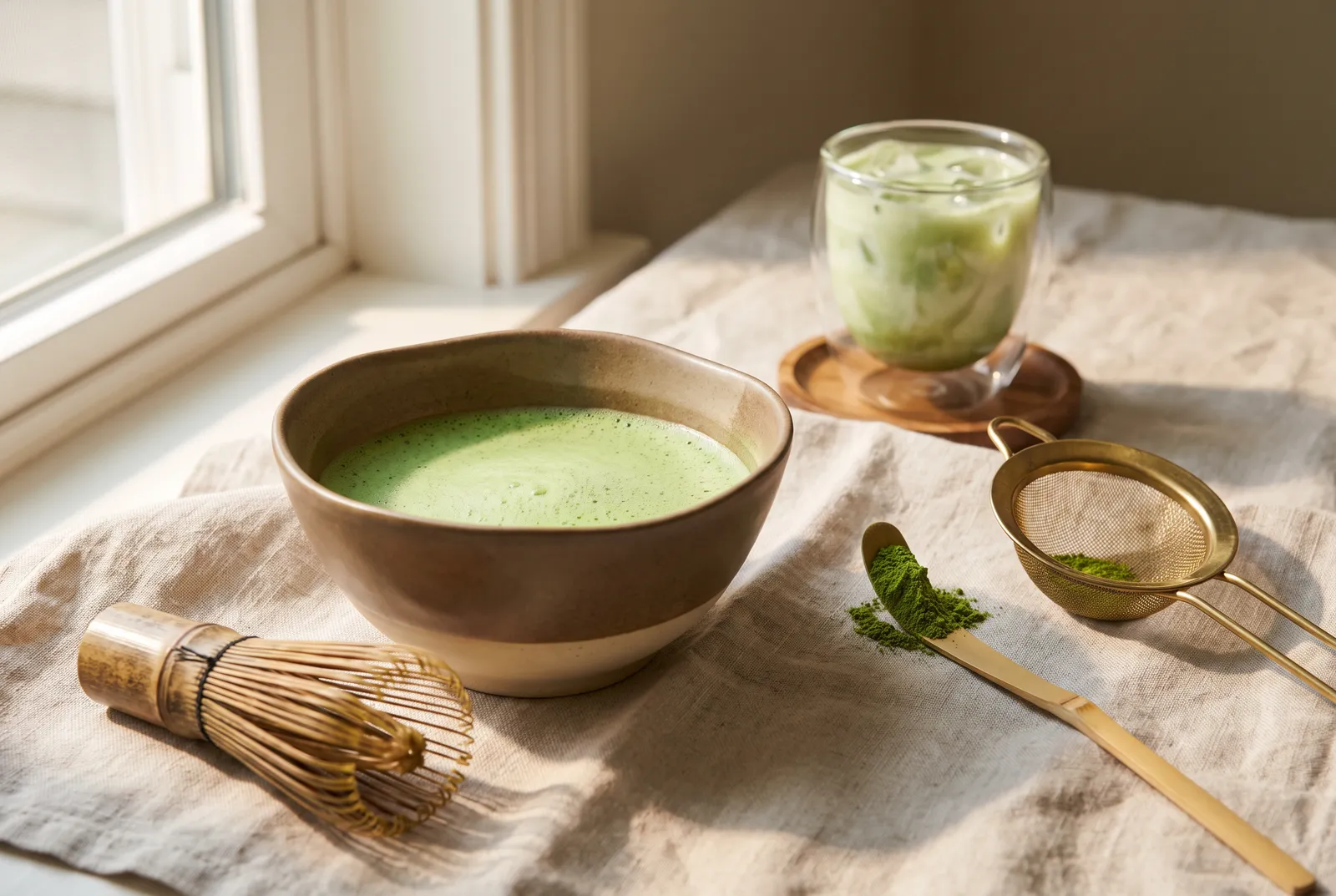 A ceramic bowl of frothy jade matcha beside a bamboo whisk, a bamboo scoop of green powder, a fine strainer and an iced matcha latte in warm morning light.